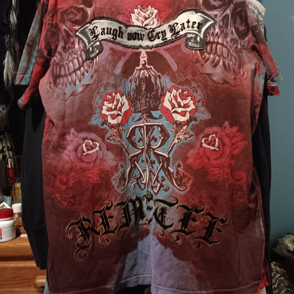 Afliction Rare Remetee laugh now cry later htf unique t-shirt L